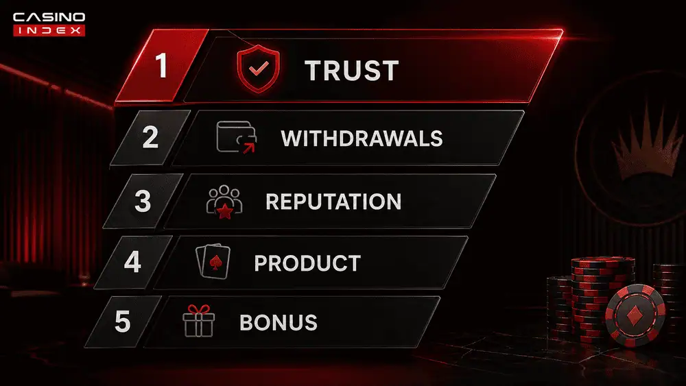 high roller casino ranking framework showing trust withdrawals reputation product and bonus priorities in black red design