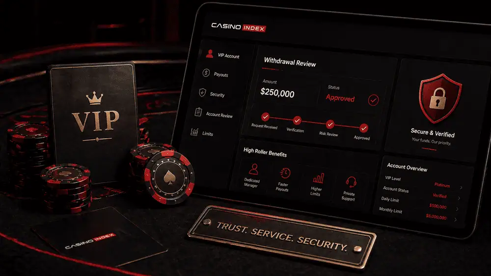 high roller casino image showing VIP rewards withdrawal structure and trust signals in black red design
