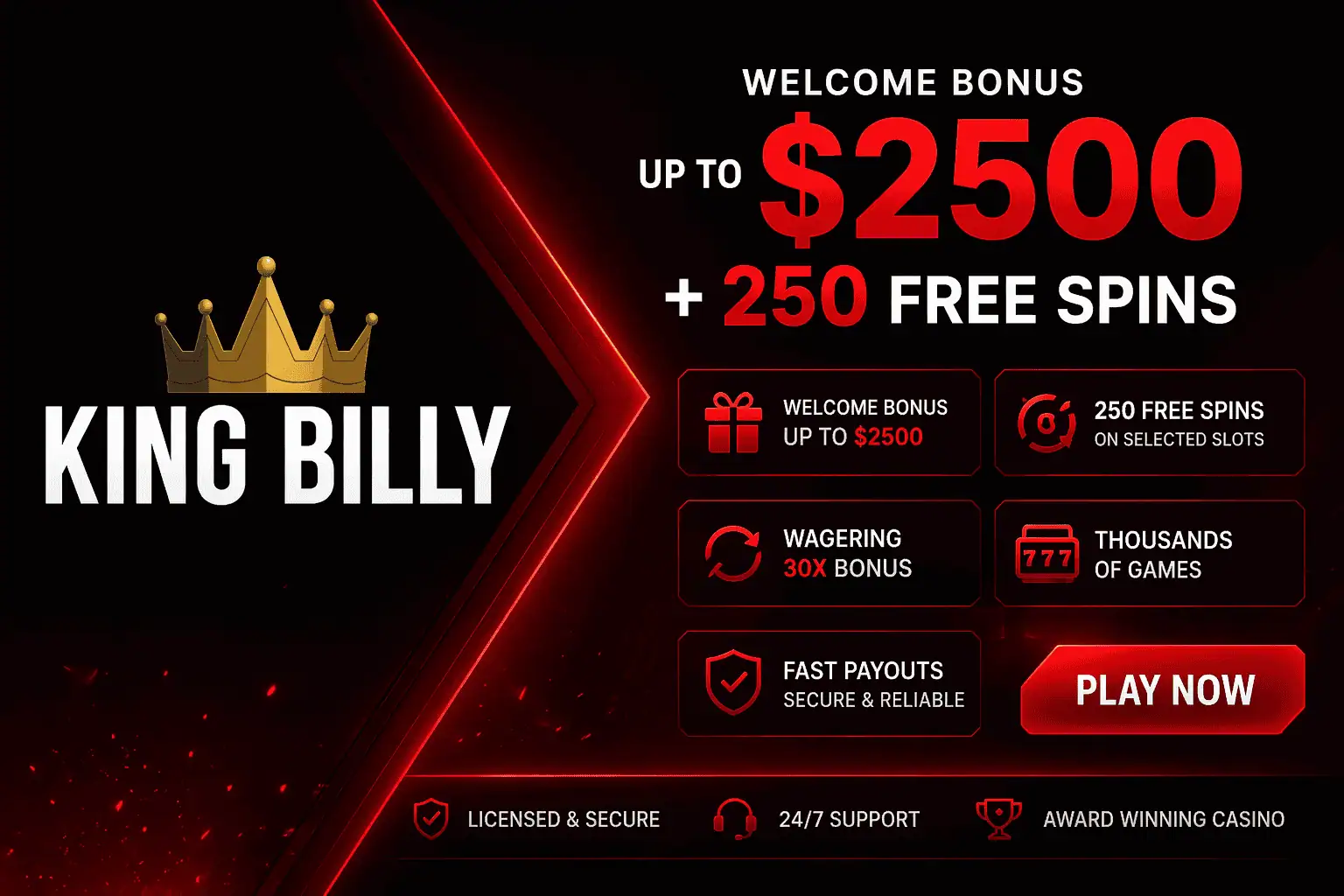 King Billy casino bonus banner showing welcome offer up to 2500 and 250 free spins