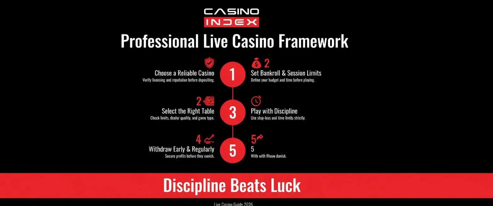 Professional Live Casino Framework 2026 – 5-step system: Choose reliable casino, set limits, select table, play with discipline and withdraw early