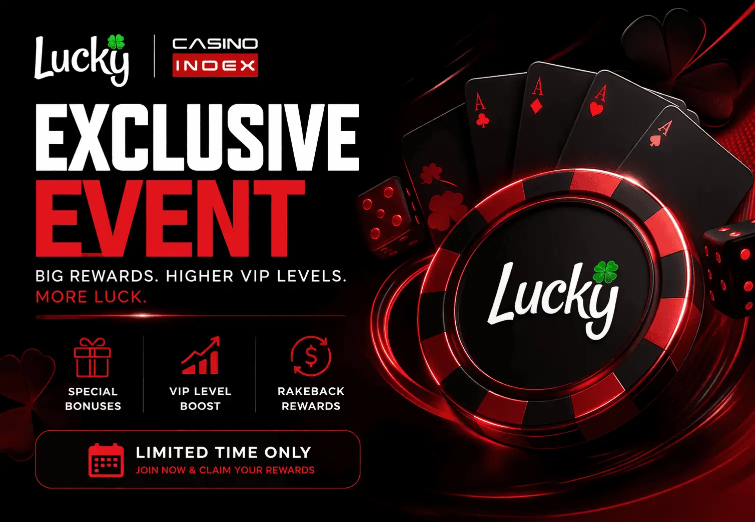 Lucky.fun Casino exclusive event bonus banner showing VIP rewards, rakeback rewards and special casino promotions