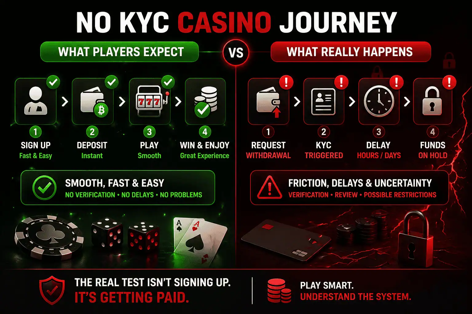 no kyc casino journey vs withdrawal reality showing signup deposit play vs kyc trigger and payout delays