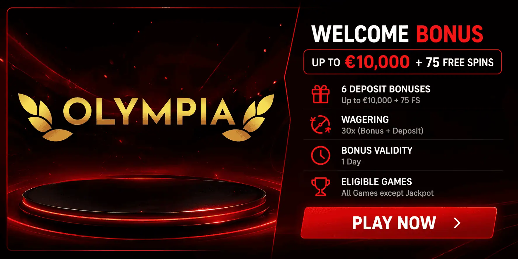 Olympia Casino welcome bonus banner up to €10,000 with free spins and wagering details