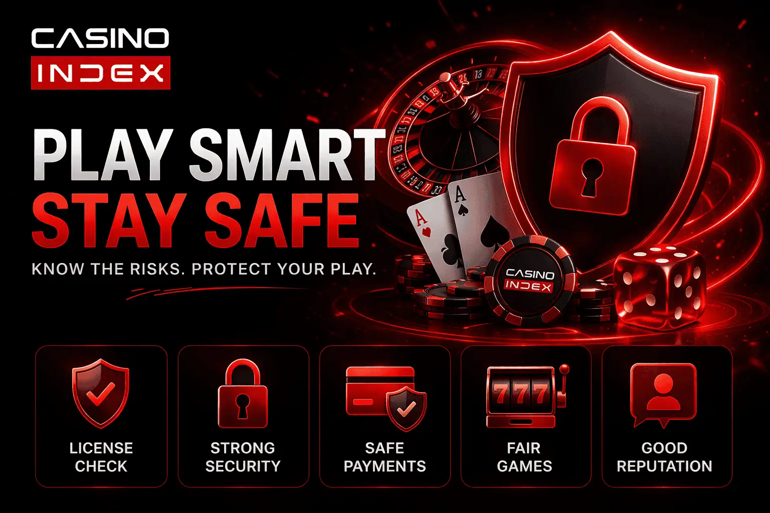 Online casino risk awareness infographic showing license security payments and reputation factors in CasinoIndex red black design