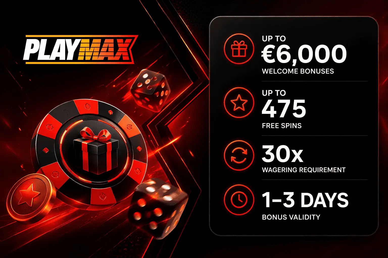 PlayMax Casino welcome bonus banner up to €6000 with free spins wagering and bonus terms