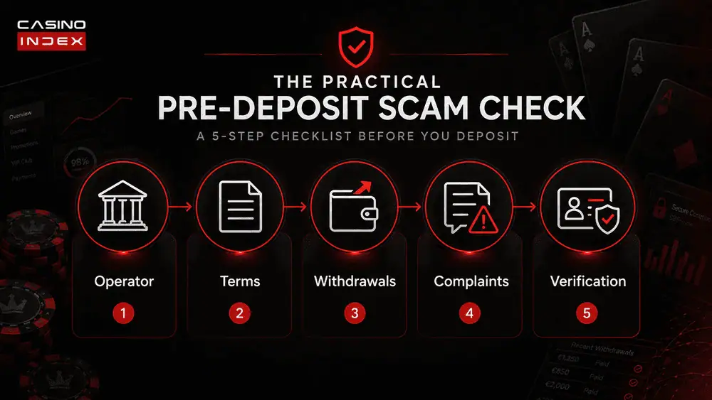 pre deposit scam casino checklist with operator terms withdrawals complaints and verification checks