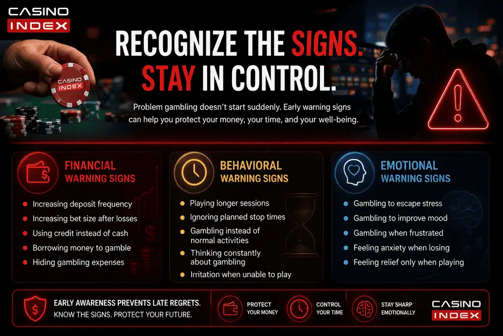Problem gambling warning signs infographic showing financial behavioral and emotional risk indicators CasinoIndex responsible gambling guide