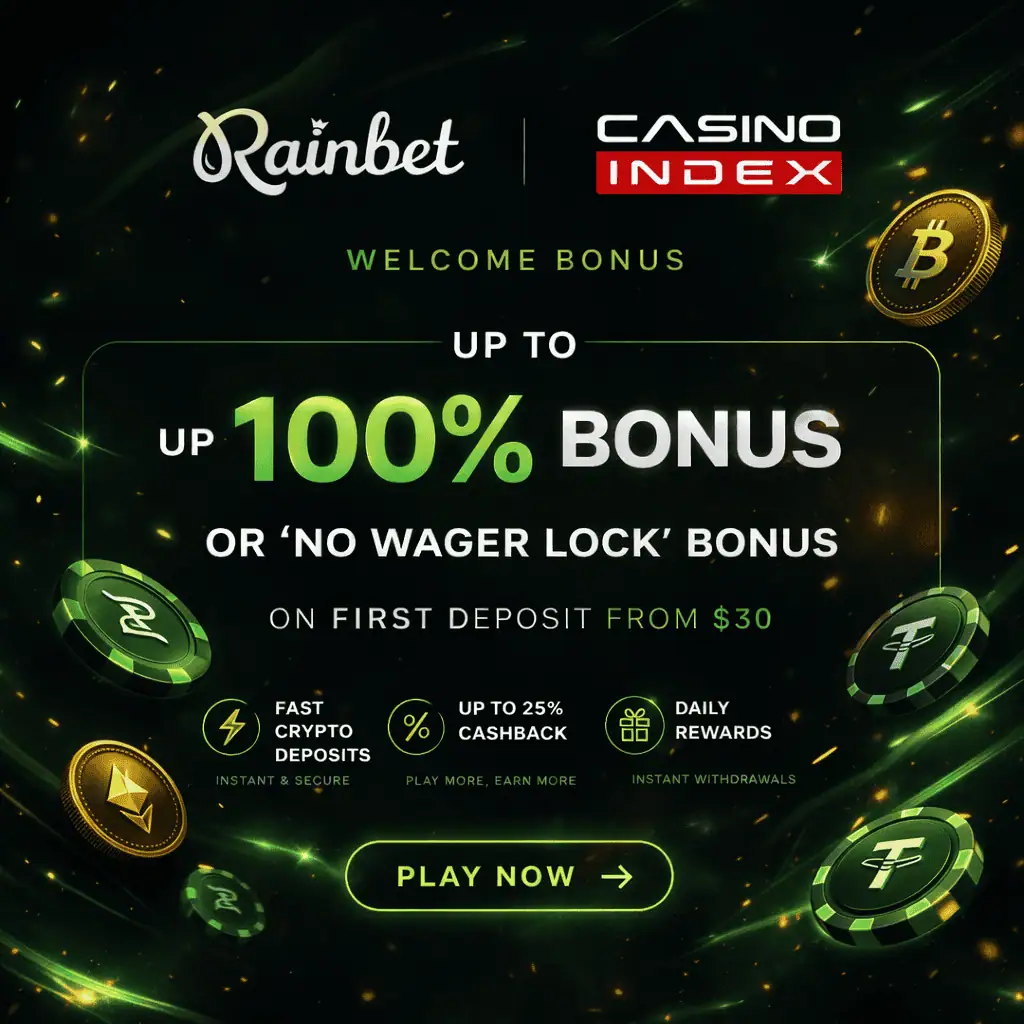 Rainbet Casino Bonus Banner – 100% Bonus oder No Wager Lock Bonus mit CasinoIndex Empfehlung