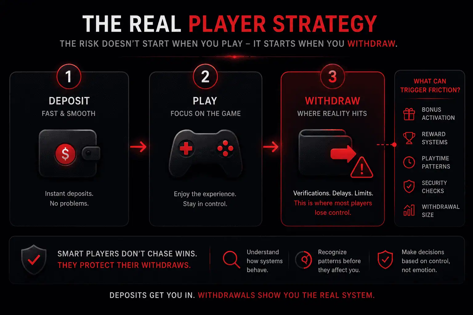crypto casino player strategy showing deposit play withdraw flow with withdrawal risk highlighted