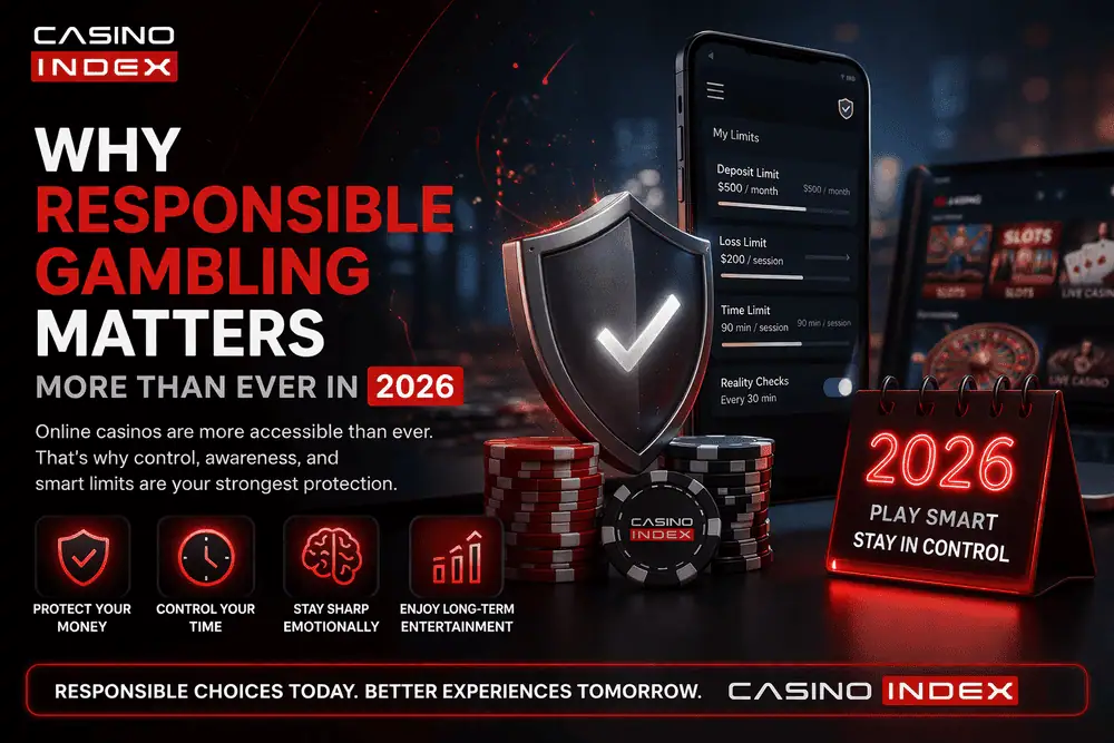 Responsible gambling guide 2026 showing casino limits tools, bankroll control and player protection systems CasinoIndex