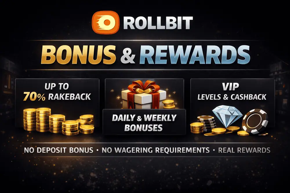 Rollbit bonus banner showing rakeback rewards daily and weekly bonuses with crypto casino system