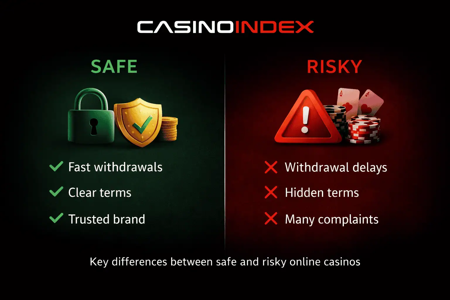 safe vs risky online casino comparison showing withdrawal delays hidden terms and trust factors