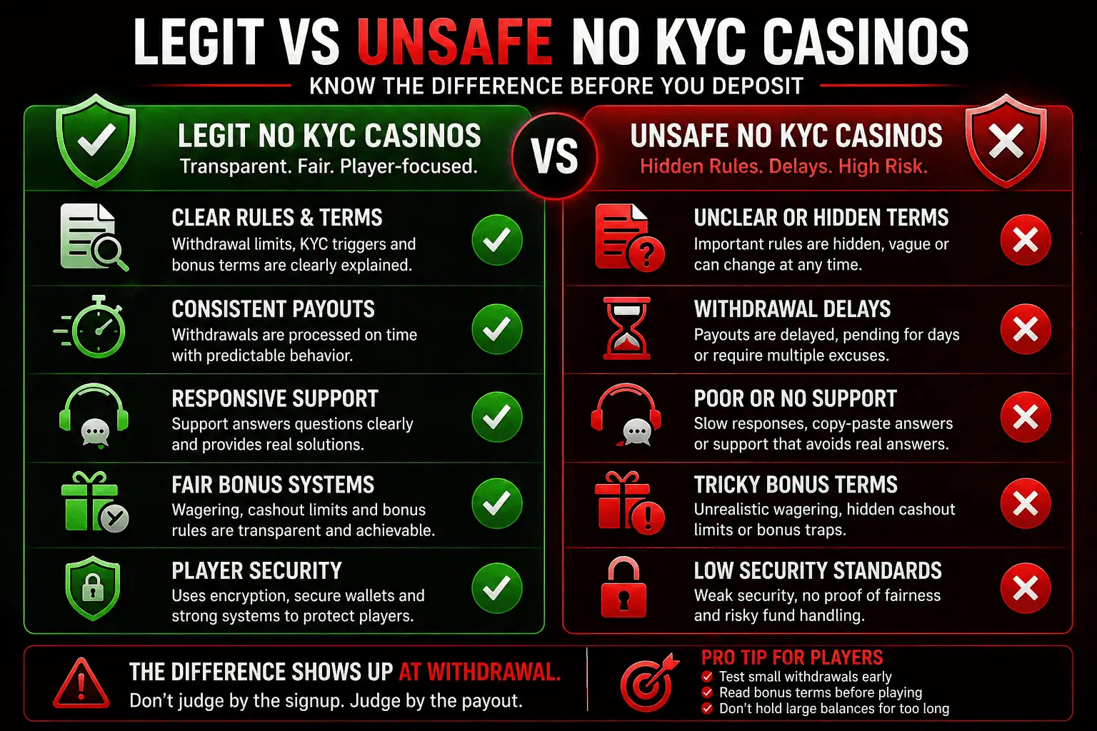 safe vs unsafe no kyc casinos comparison showing payout transparency delays and hidden terms