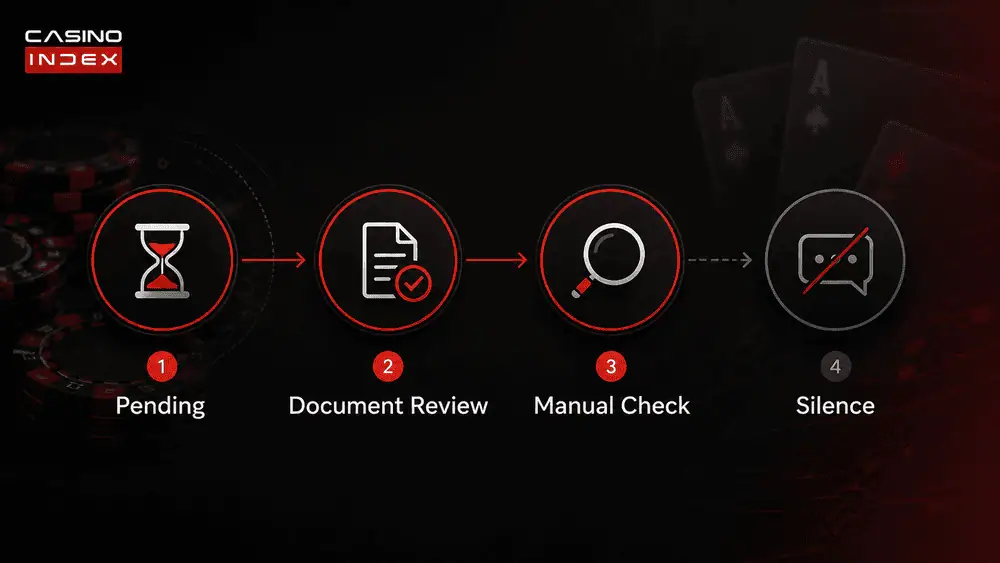 withdrawal review flow showing pending status document review manual check and payout delay at an online casino