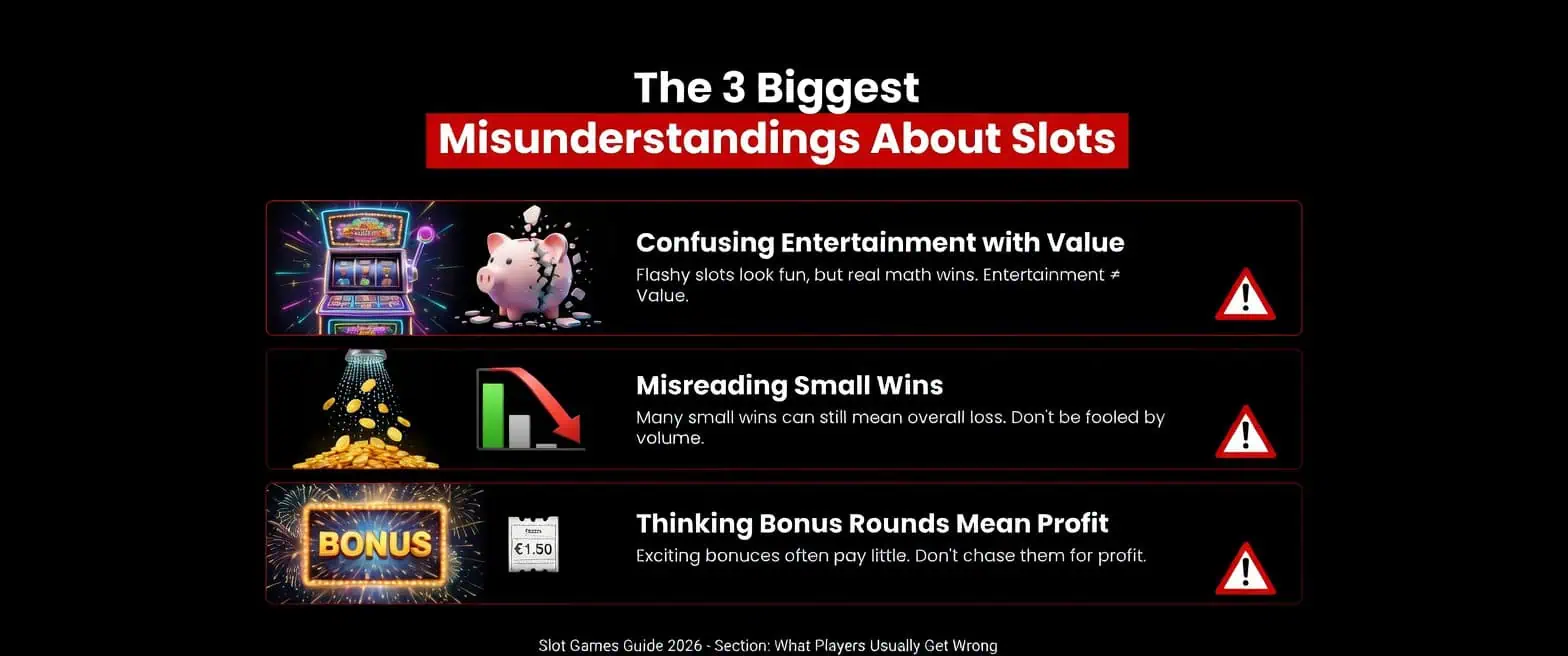 The 3 biggest misunderstandings about slot games – Confusing entertainment with value, misreading small wins, and thinking bonus rounds mean profit