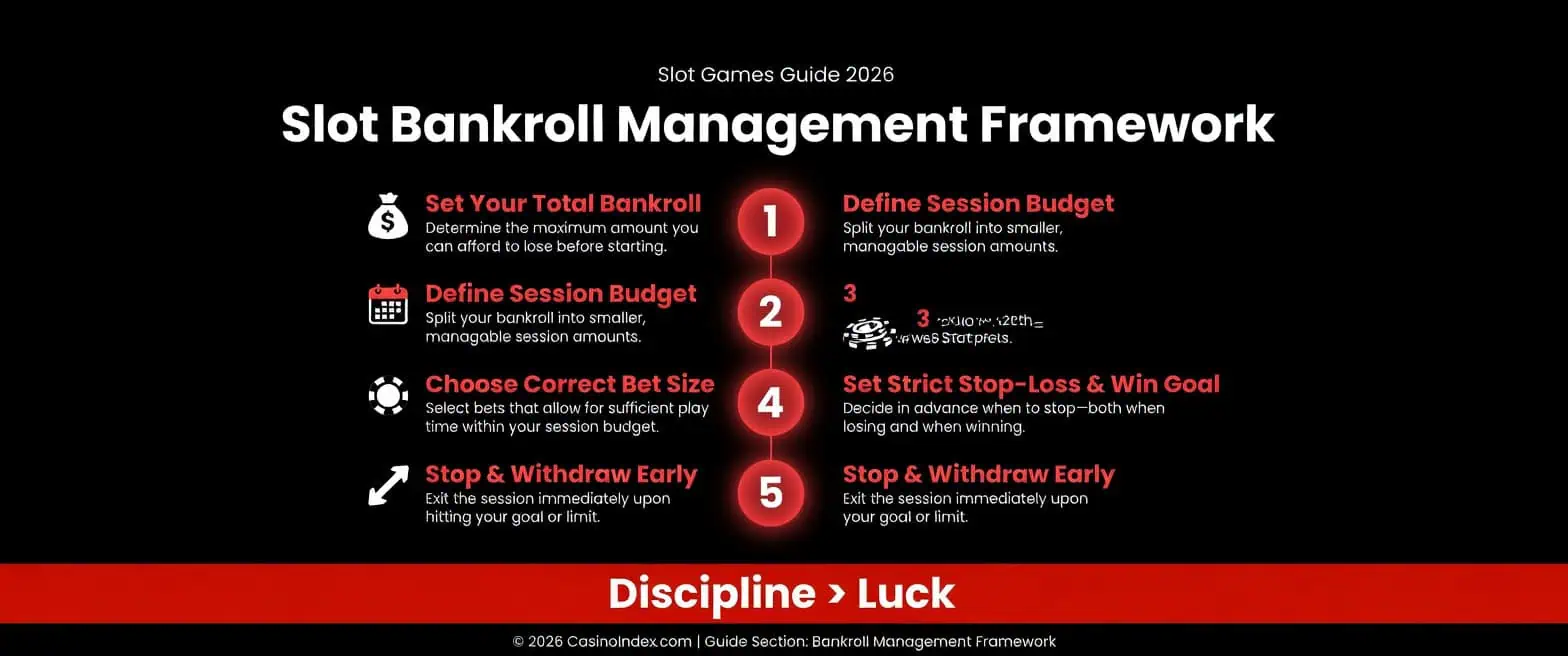 Slot Bankroll Management Framework 2026 – 5-step system: Set total bankroll, define session budget, choose bet size, set stop-loss and withdraw early
