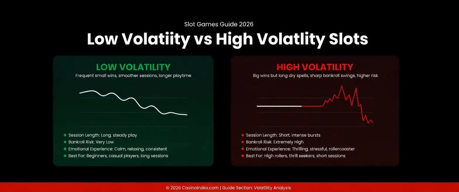 Low Volatility vs High Volatility Slots comparison 2026 – session graphs, bankroll risk, emotional experience and best player types