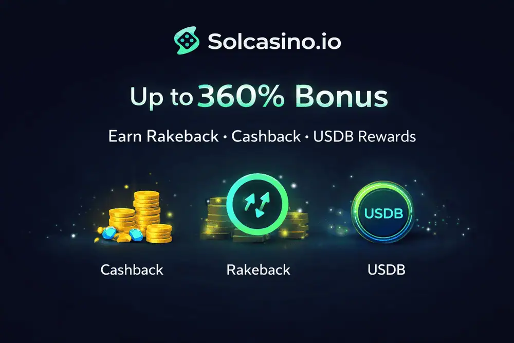 Solcasino Bonus Banner mit bis zu 360 Prozent Bonus sowie Rakeback Cashback und USDB Rewards