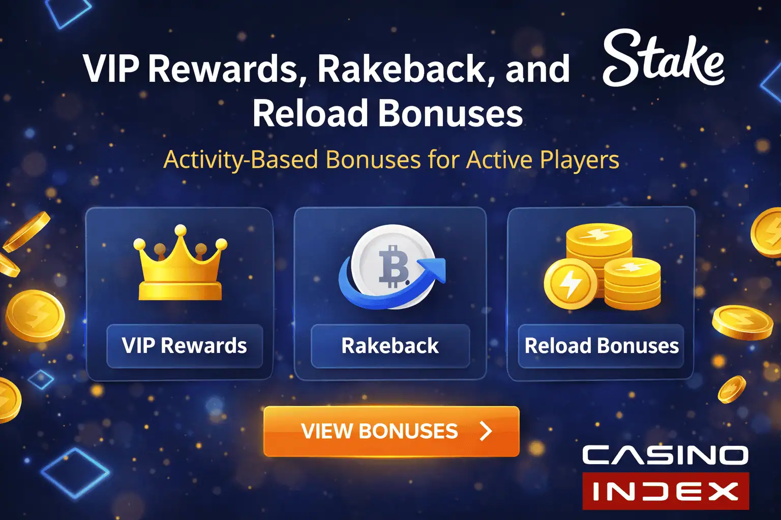 Stake Casino bonus banner showing VIP rewards rakeback reload bonuses and activity based rewards