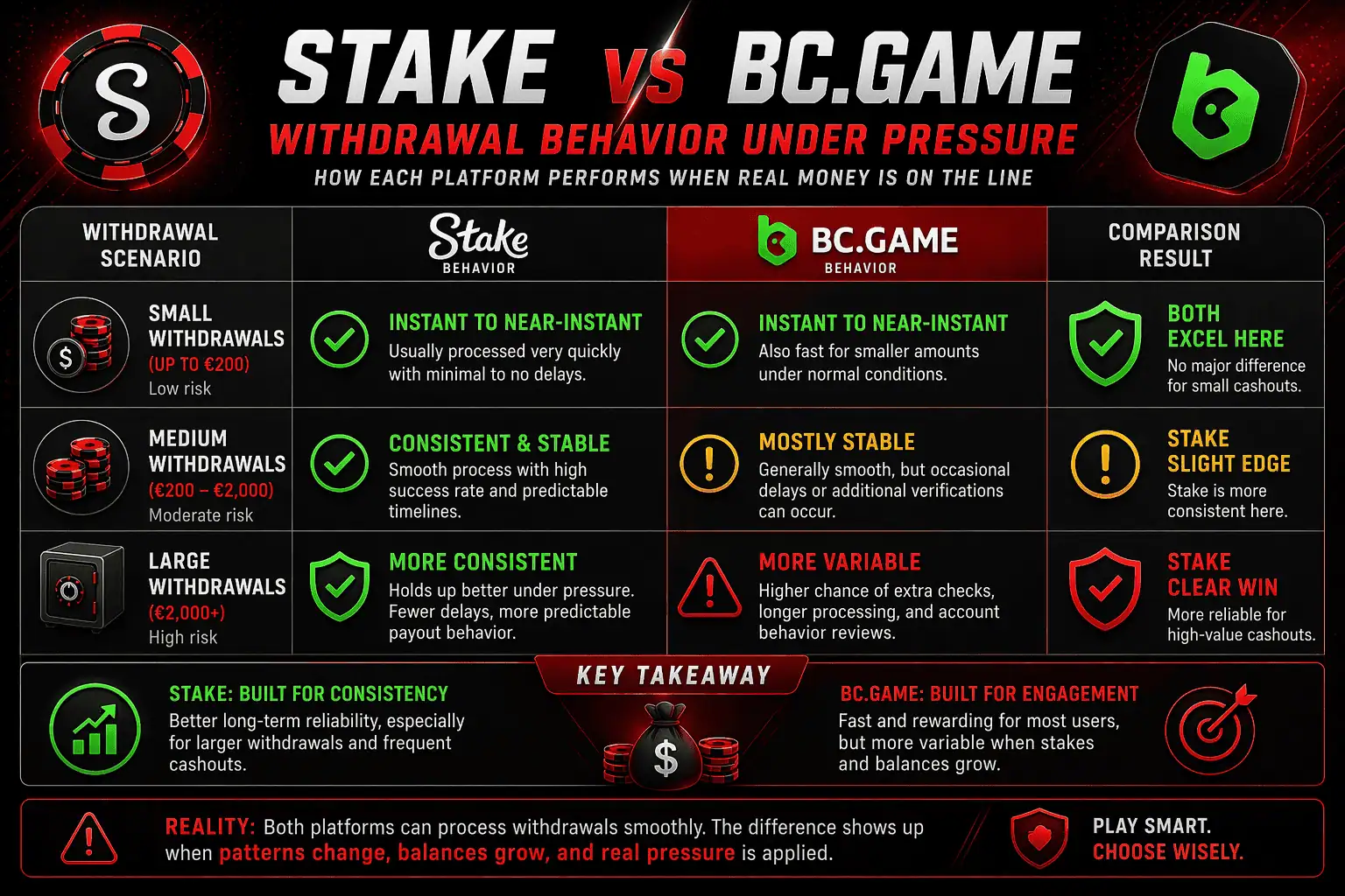 stake vs bc game withdrawal behavior comparison small medium large payouts crypto casino