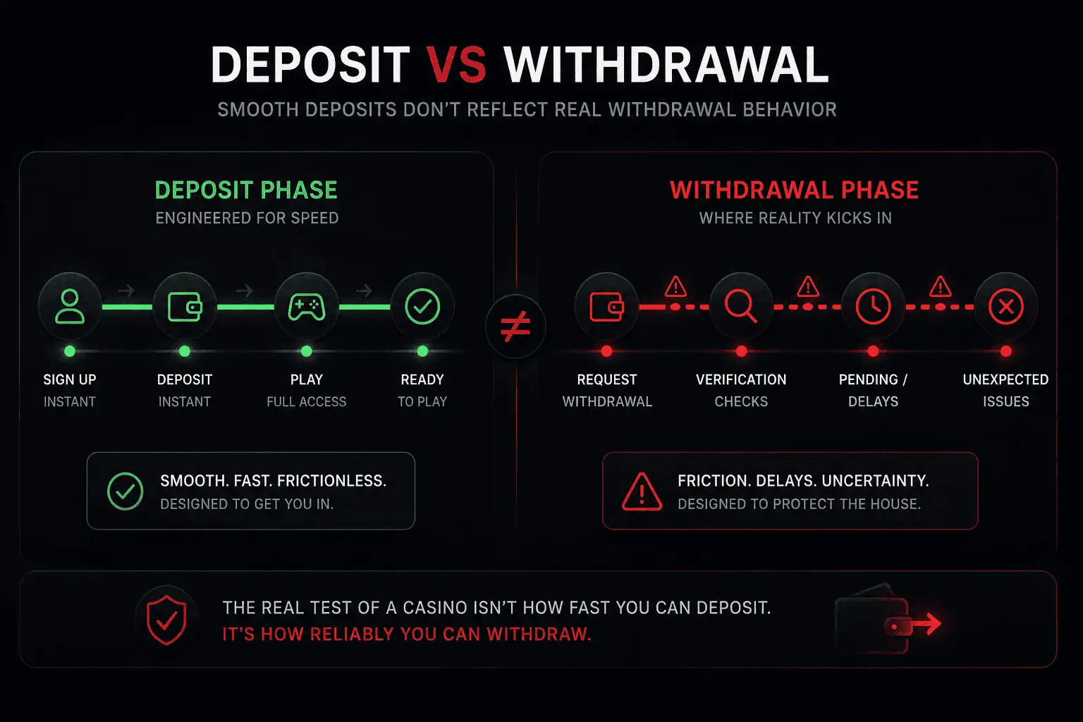 Stake vs Gamdom deposit vs withdrawal behavior showing smooth deposits and delayed withdrawals in crypto casinos
