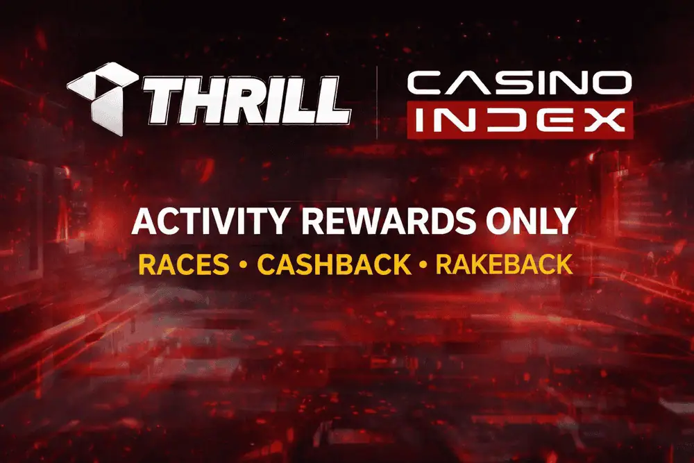 Thrill Casino banner showing activity-based rewards including races, cashback, and rakeback