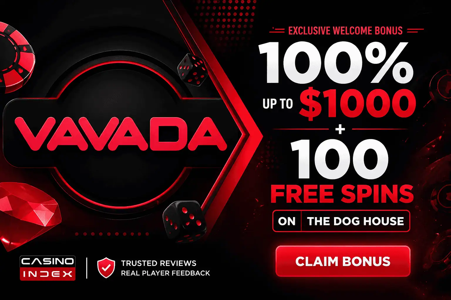 Vavada casino bonus banner showing 100 percent deposit bonus and 100 free spins on The Dog House slot
