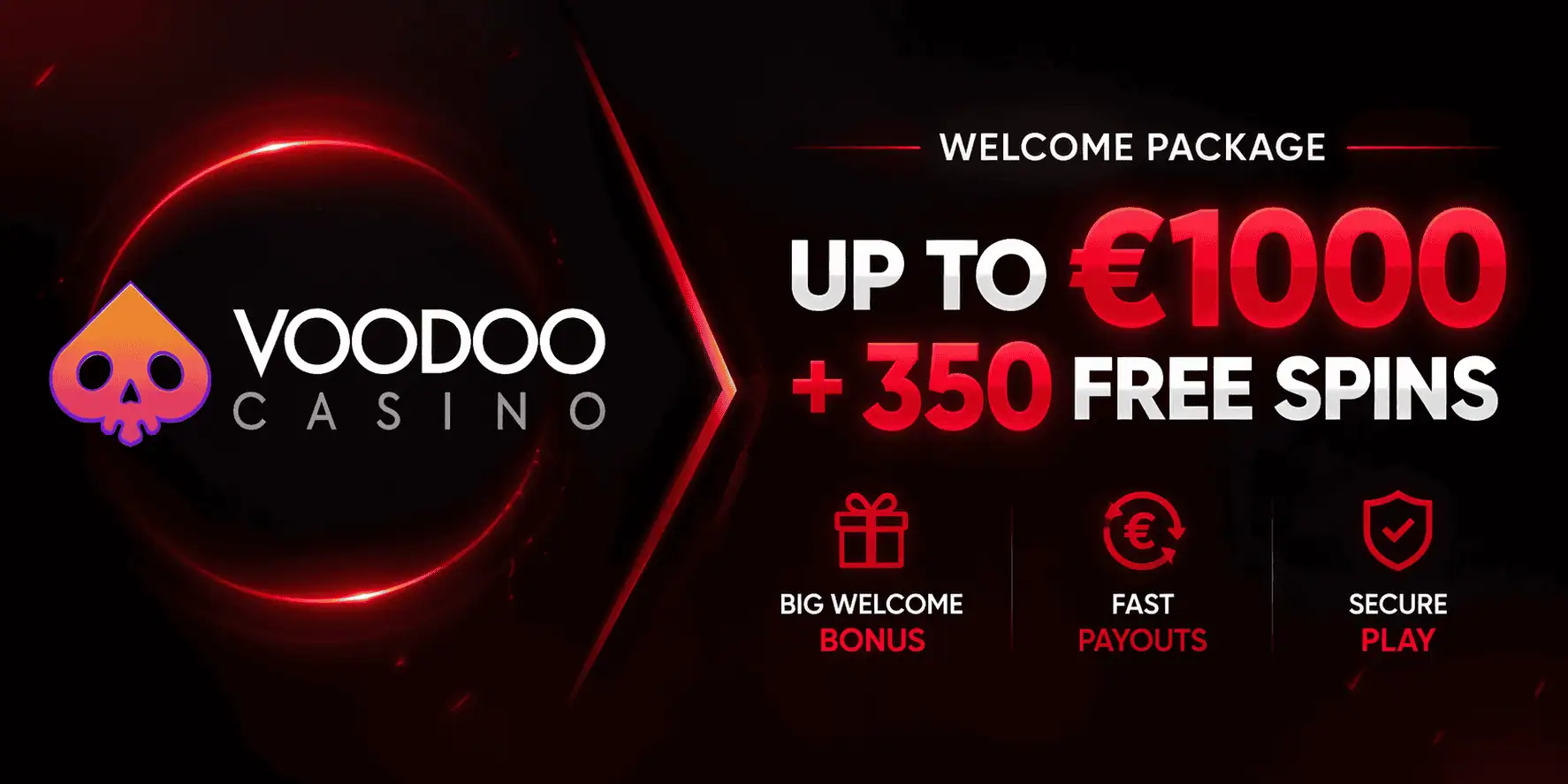 Voodoo Casino welcome bonus banner with up to €1000 and 350 free spins