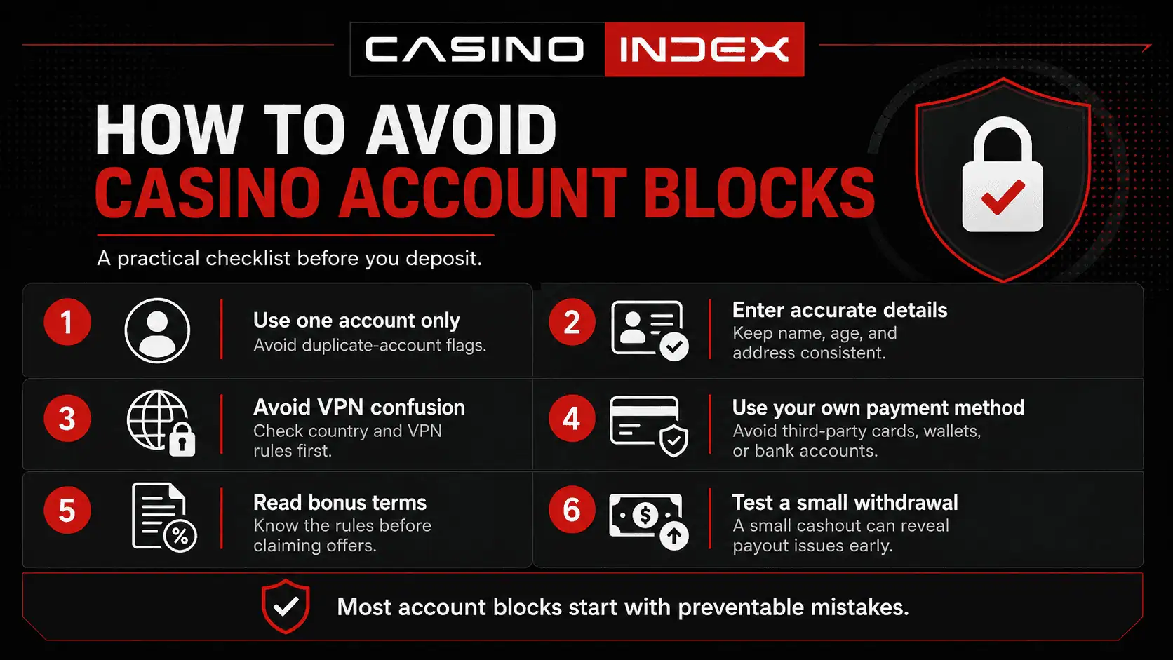 Checklist showing how players can reduce casino account block risk before depositing