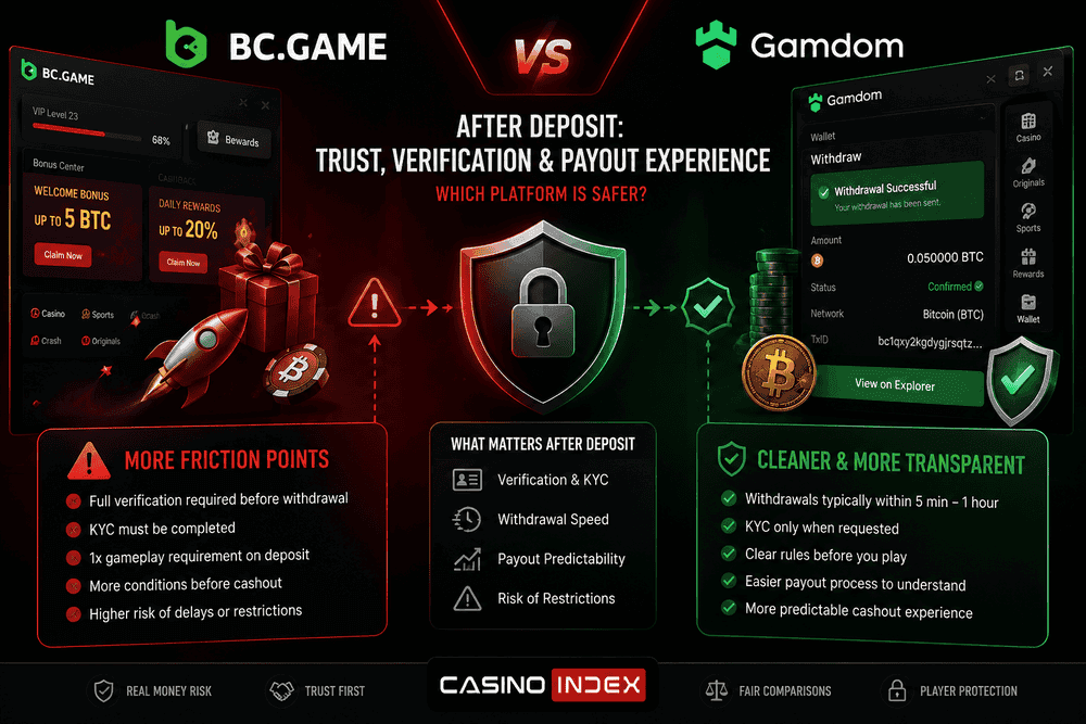 BC.Game vs Gamdom comparison image showing trust after deposit, verification checks, payout experience, and crypto withdrawal clarity in a red and black CasinoIndex design