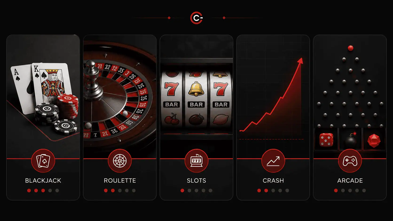 comparison image showing blackjack roulette slots crash and arcade as different casino game categories to win
