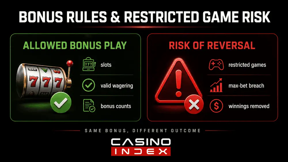 Casino bonus rules and restricted games risk comparison
