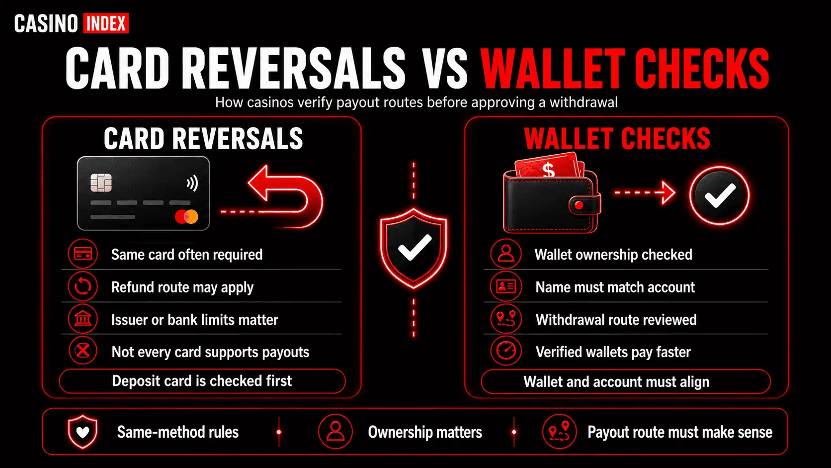 Comparison of casino card reversals and wallet checks during withdrawal approval