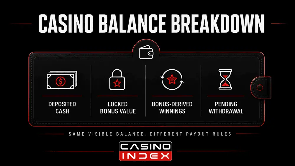 Casino balance breakdown showing cash bonus winnings and pending withdrawal