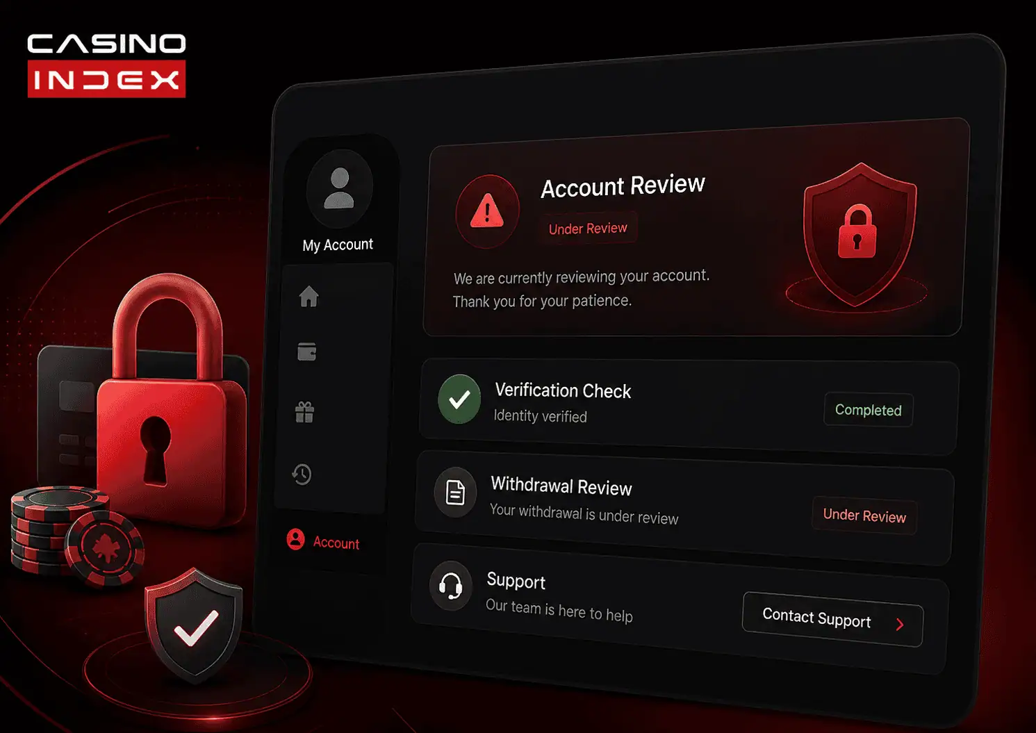 editorial image showing a blocked casino account dashboard with review status and verification warning
