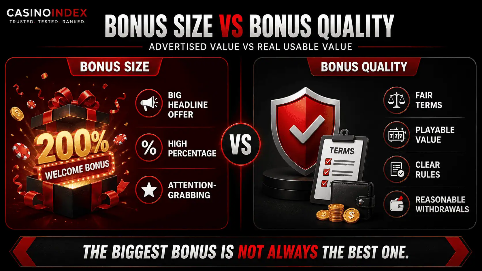 Comparison graphic showing the difference between casino bonus size and real bonus quality