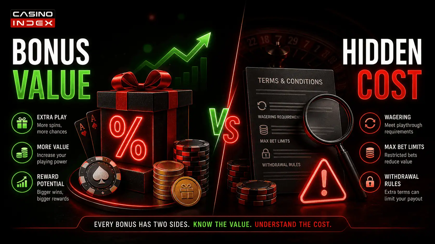 Illustration showing casino bonus value compared with hidden costs such as wagering, terms, and withdrawal restrictions