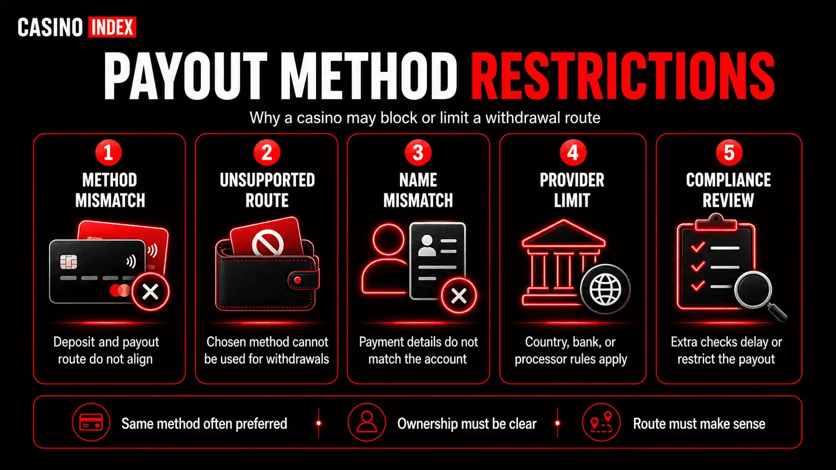 Casino payout method restrictions explained including method mismatch provider limits and compliance checks