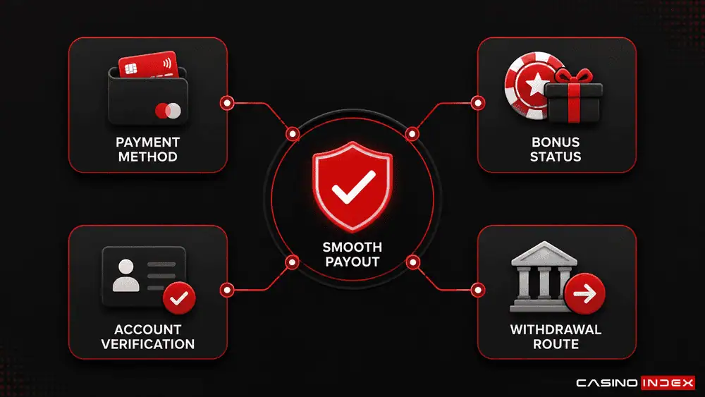 Infographic showing casino withdrawal alignment between payment method, bonus status, account verification, and payout route leading to a smoother cashout.