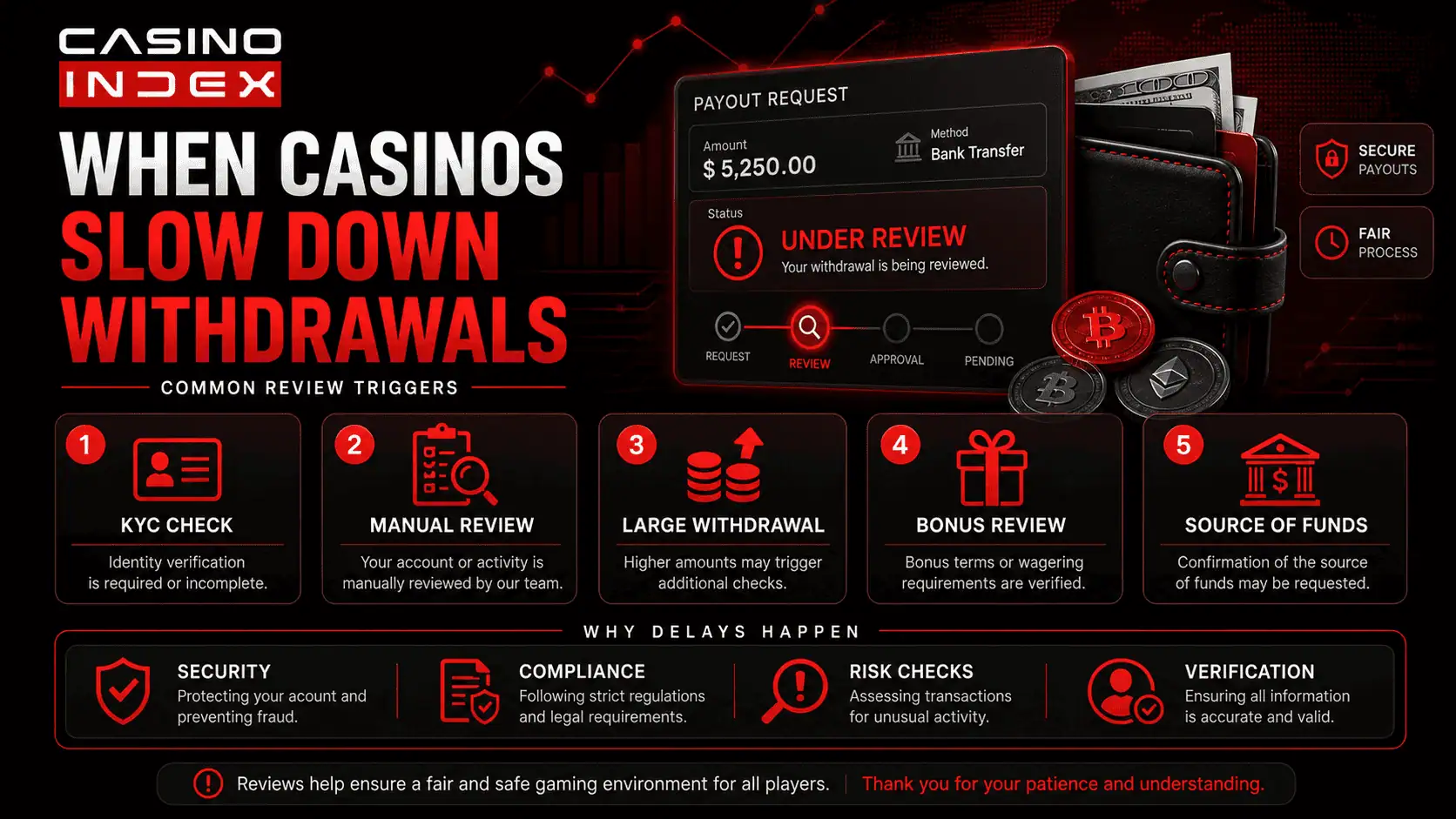 Casino withdrawal delay checks showing KYC review bonus review and large payout verification triggers