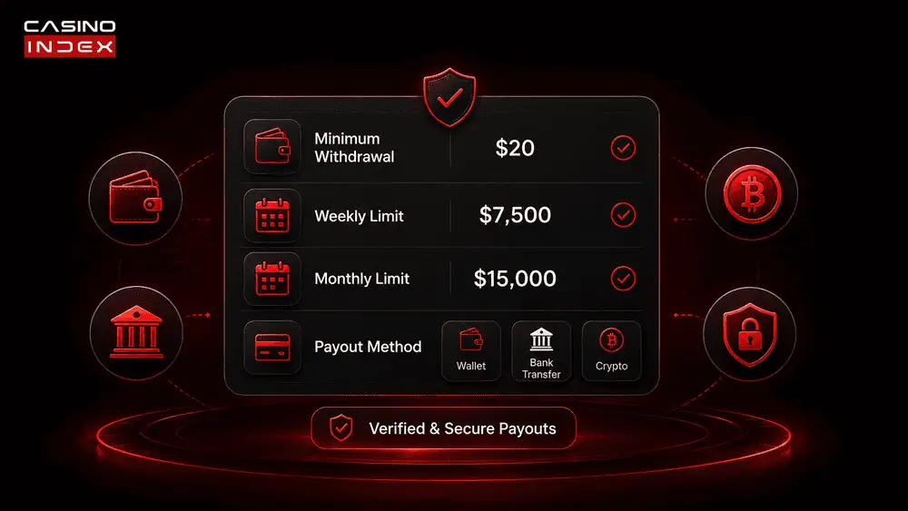 Image showing clear casino withdrawal limits and payout rules, including minimum withdrawal, weekly cap, monthly cap, and payment method details.