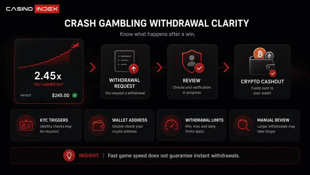 Crash gambling withdrawal risk infographic showing win, withdrawal request, KYC triggers, wallet address checks, withdrawal limits and manual review.