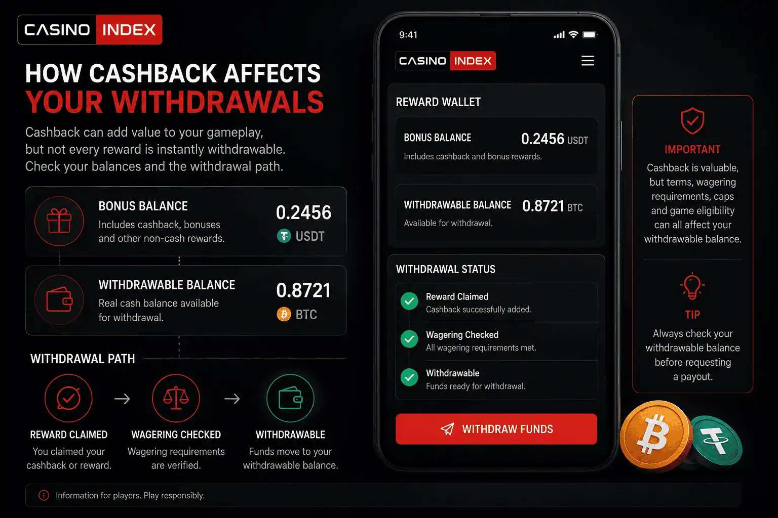 CasinoIndex image showing a crypto casino cashback withdrawal path with bonus balance, withdrawable balance, wagering check and reward payout status.
