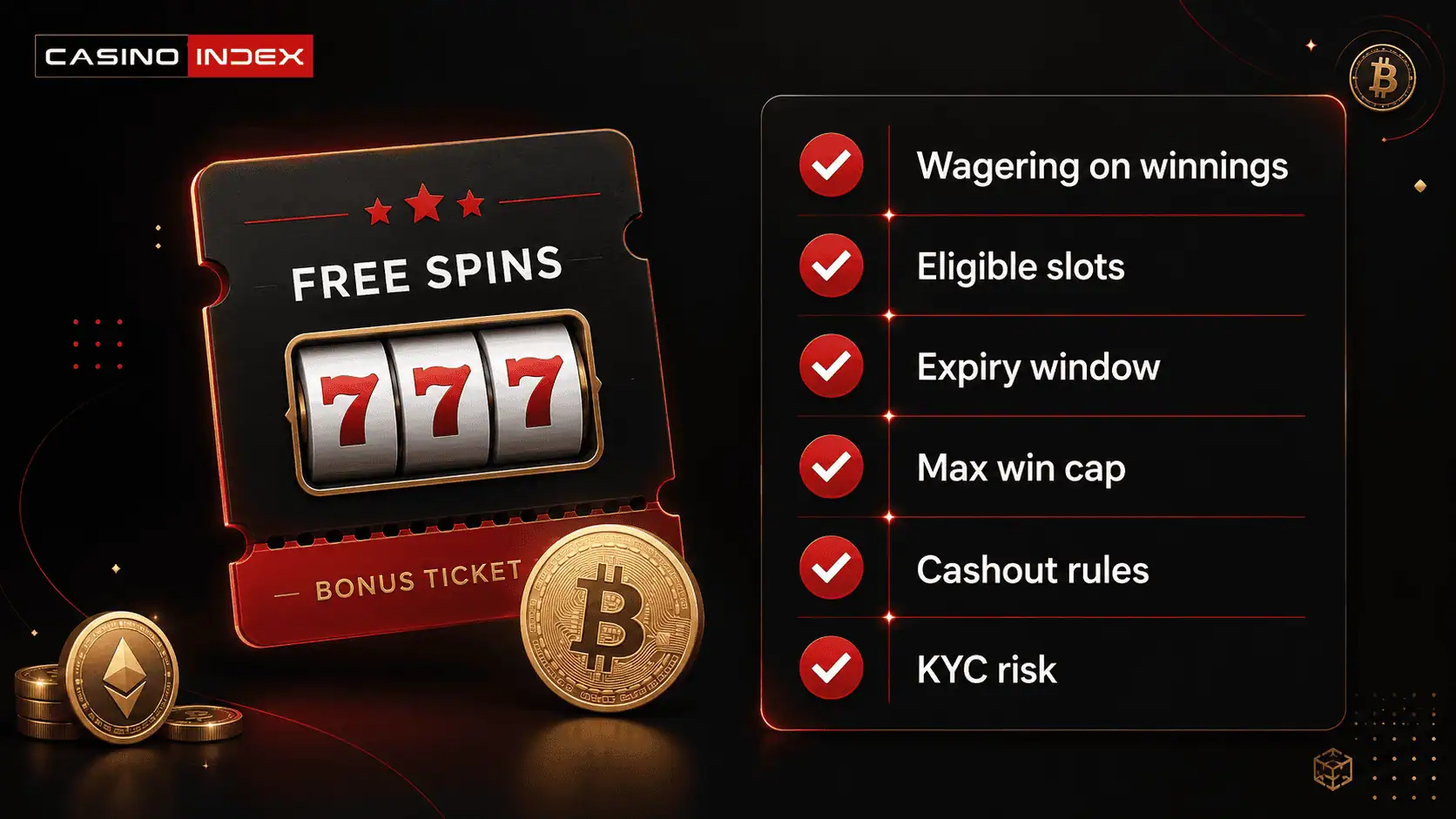CasinoIndex checklist graphic showing what players should check before claiming crypto casino free spins, including wagering, eligible slots, expiry and cashout rules.
