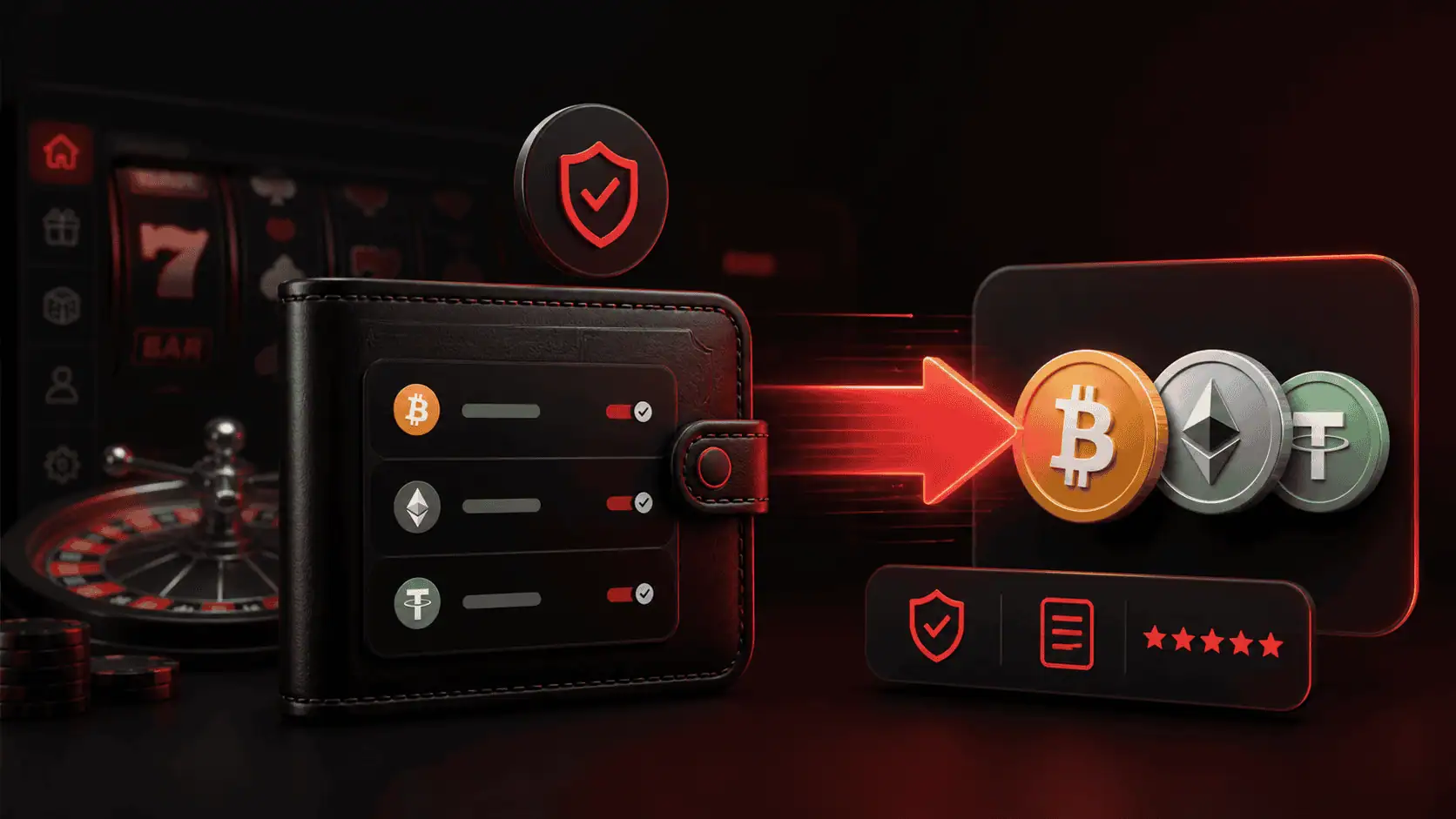 editorial image showing crypto casino payout trust with wallet withdrawal arrow and security elements