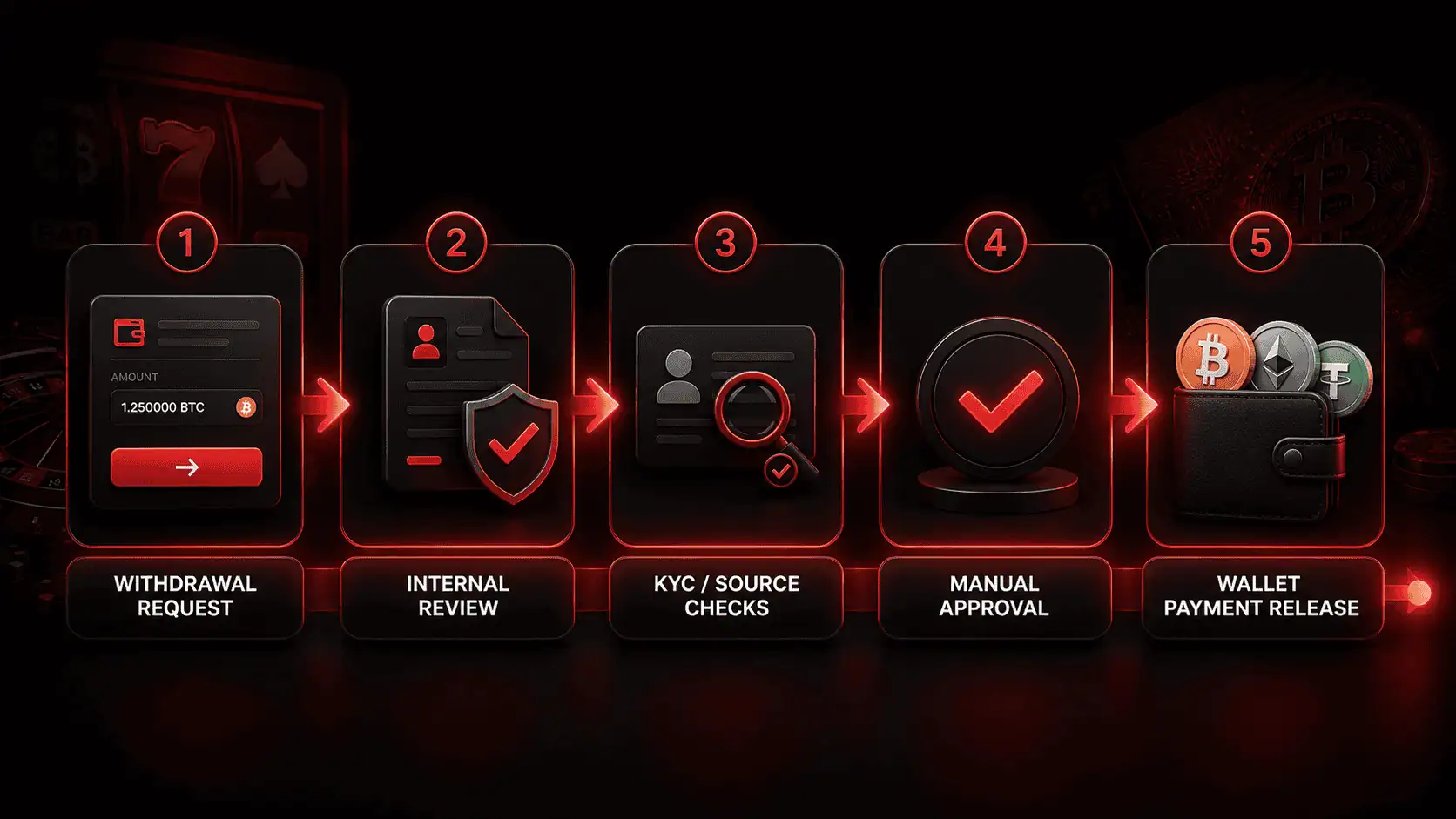 process image showing the crypto casino withdrawal chain from request to wallet payment release