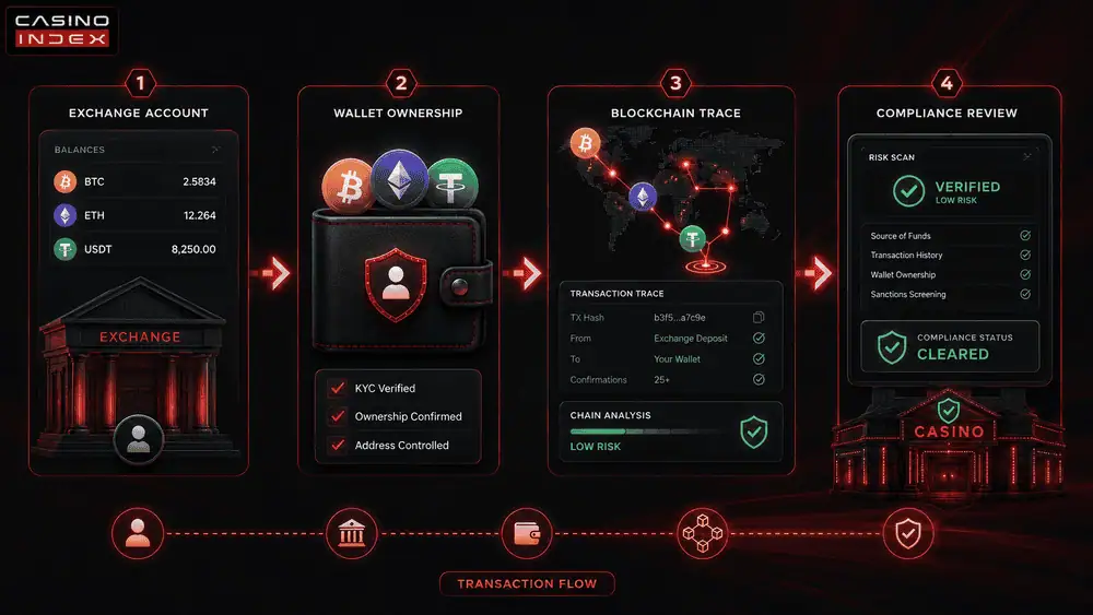 Crypto source of funds image showing exchange account, wallet ownership, blockchain tracing, and online casino compliance review.Crypto source of funds image showing exchange account, wallet ownership, blockchain tracing, and online casino compliance review.