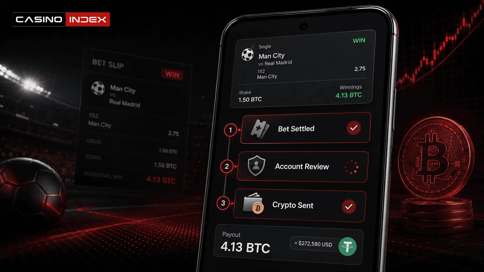 CasinoIndex image showing a crypto sportsbook big-win withdrawal flow with bet settlement, account review and crypto payout stages on a mobile interface.