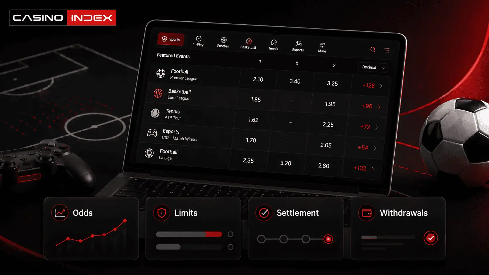 Modern CasinoIndex image showing a crypto sportsbook quality check with odds, betting limits, settlement clarity and withdrawal maturity in a red and black design.