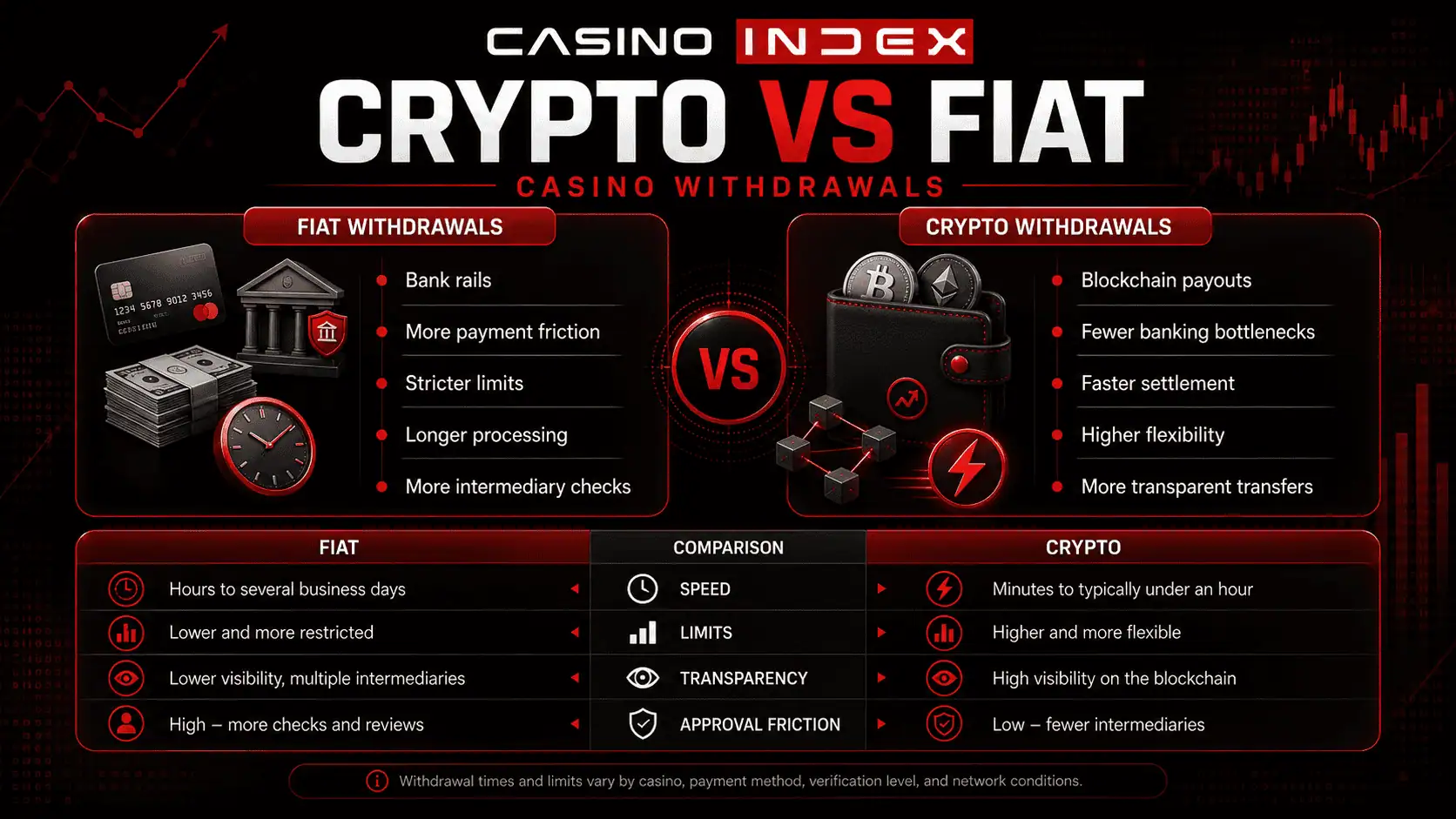 Comparison of crypto and fiat casino withdrawals showing payout speed limits and processing differences